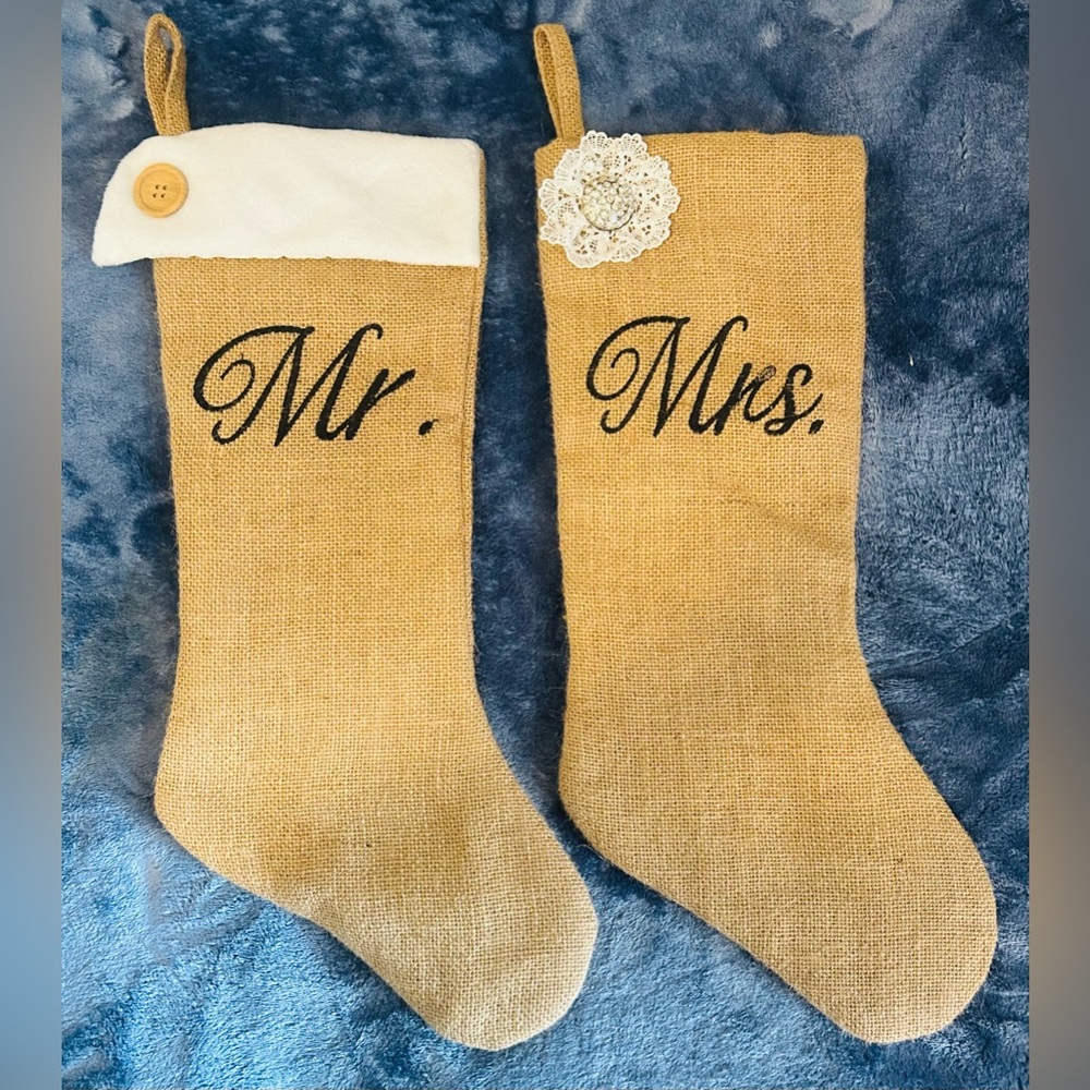 Burlap Mr & Mrs Embroidered Rhinestone Lace County Christmas Stockings 19"
